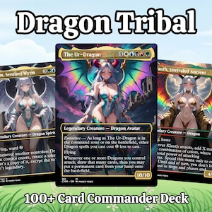 May include: Three fantasy-themed trading cards with the text "Dragon Tribal" and "100+ Card Commander Deck." Each card features a female dragon avatar with wings and detailed artwork. The cards are labeled "Miirym, Sentinel Wyrm," "The Ur-Dragon," and "Klauth, Unrivaled Ancient."