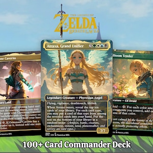 May include: A 100+ card Commander deck featuring custom Magic: The Gathering cards with The Legend of Zelda artwork. The cards display characters like Atraxa, Gemstone Caverns, and Bloom Tender, each with detailed fantasy illustrations and game text.