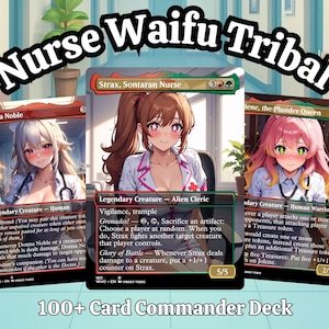 May include: Three collectible trading cards featuring anime-style nurses. The cards display the names "Donna Noble", "Strax, Sontaran Nurse", and "Jolene, the Plunder Queen". The text "Nurse Waifu Tribal" and "100+ Card Commander Deck" are also visible.