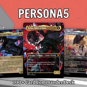 May include: Three trading cards featuring Persona 5 character art, including Kefka, Court Mage, Kefka, Ruler of Ruin, and Hope of Ghirapur. The cards are displayed with the text PERSONA5 at the top and 100+ Card Commander Deck at the bottom.
