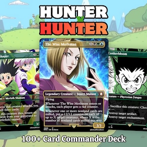 May include: A 100+ card Commander deck featuring Hunter x Hunter themed trading cards. The center card displays The Wise Mothman, flanked by World Shaper and Cankerbloom cards. Each card features anime-style character illustrations and text.