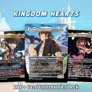 May include: A Kingdom Hearts 100+ Card Commander Deck featuring three Magic: The Gathering style cards: Cloud, Ex-SOLDIER, Beatrix, Loyal General, and Aerith Gainsborough. Each card displays character artwork, game text, and power/toughness stats.