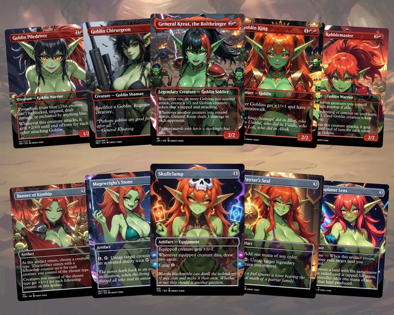 May include: A collection of ten rectangular trading cards featuring anime-style green-skinned goblin characters. Each card displays unique artwork, character names like General Kreat and Skullclamp, descriptive text, and game statistics printed in white and red fonts.