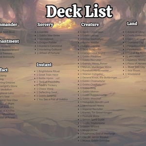 May include: A deck list for a card game, featuring categories like Commander, Sorcery, Creature, and Land. The list includes various card names and quantities, displayed on a tan background with a blurred landscape.