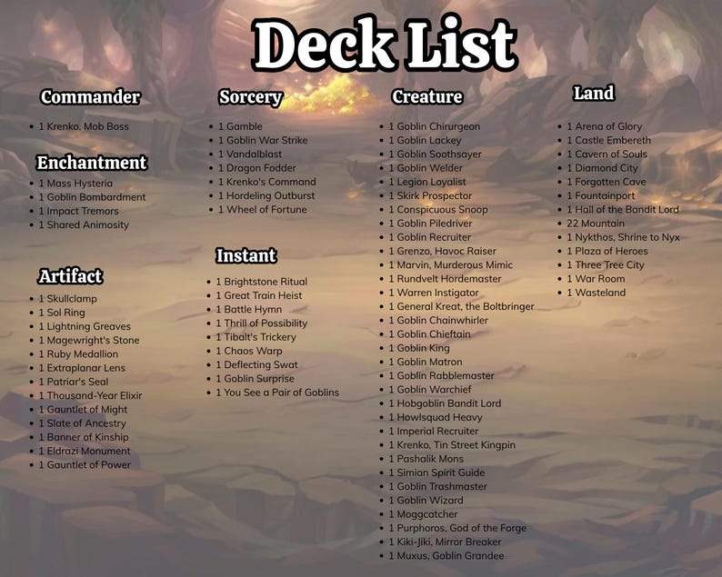 May include: A deck list for a card game, featuring categories like Commander, Sorcery, Creature, and Land. The list includes various card names and quantities, displayed on a tan background with a blurred landscape.