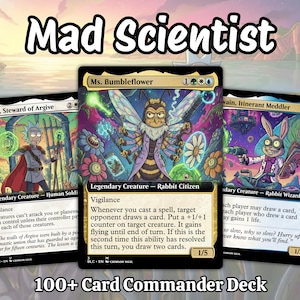 May include: Three trading cards titled Baird, Steward of Argive, Ms. Bumbleflower, and Kwain, Itinerant Meddler, featuring colorful cartoon illustrations of characters in a fantasy setting, displayed under the text Mad Scientist 100+ Card Commander Deck.