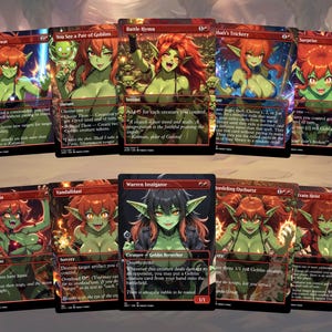 May include: A collection of ten Magic: The Gathering trading cards featuring fantasy art of goblins. The cards have a red and black border with various titles, including "Battle Hymn" and "Warren Instigator."