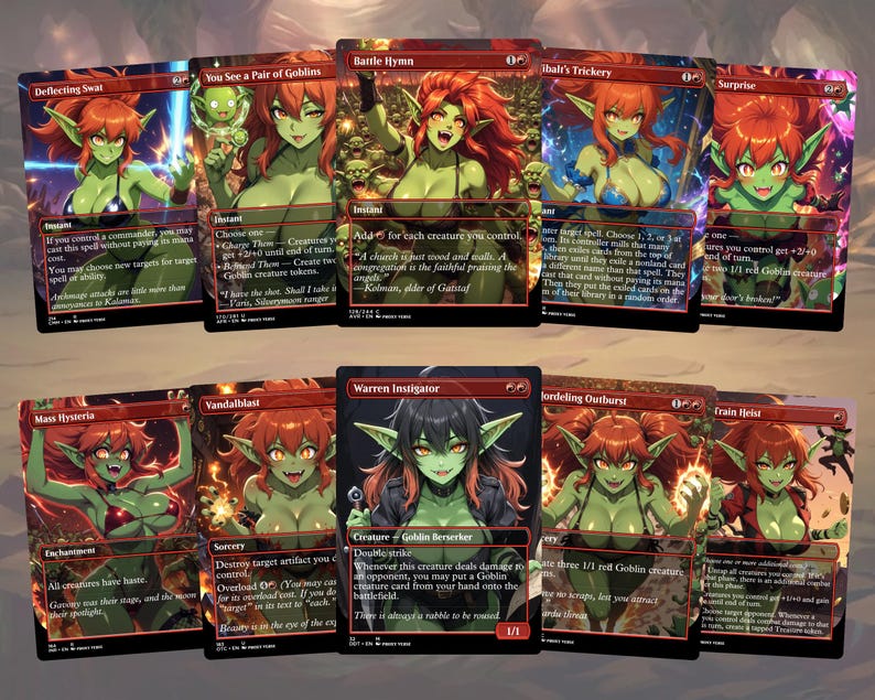 May include: A collection of ten Magic: The Gathering trading cards featuring fantasy art of goblins. The cards have a red and black border with various titles, including "Battle Hymn" and "Warren Instigator."