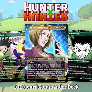 May include: A 100+ card Commander deck featuring Hunter x Hunter themed trading cards. The display shows three cards: World Shaper, The Wise Mothman, and Cankerbloom, each with anime-style illustrations and game text, set against a green landscape.