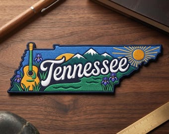 Tennessee State Embroidered Patch - Smoky Mountains, Nashville Guitar, Volunteer State Souvenir, Nature & Music Art.