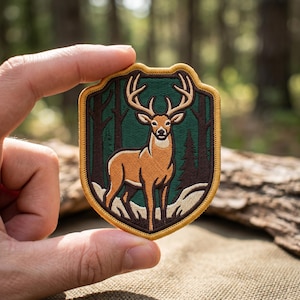 May include: A shield-shaped embroidered patch featuring a tan deer with antlers standing in a dark green forest with brown trees and a white snowy ground, all outlined with a thick golden yellow border and dark brown stitching.