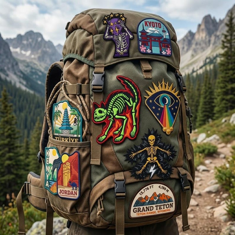 May include: A green and brown hiking backpack adorned with various embroidered patches. Patches include a skeleton cat, a skeleton with a lightning bolt, and patches with the text "KYOTO", "JORDAN", and "GRAND TETON". The backpack is set against a mountain backdrop.