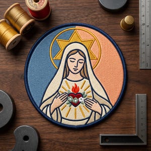 May include: A circular embroidered patch featuring a stylized figure with a head covering, a golden star halo, and a central red heart with flames and flowers. The background is split between blue and peach, with a dark blue border edge.