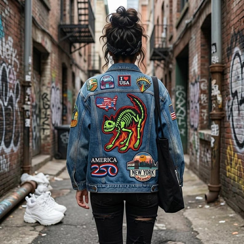 May include: A denim jacket with various patches, including a skeleton cat design, an American flag, and the text "I Love USA". The jacket is worn over black jeans and a black bag is hanging from the shoulder.