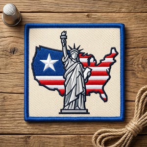 May include: Embroidered patch featuring the Statue of Liberty and a map of the United States, with a blue border. The map incorporates the American flag's red and white stripes and a blue field with a white star.