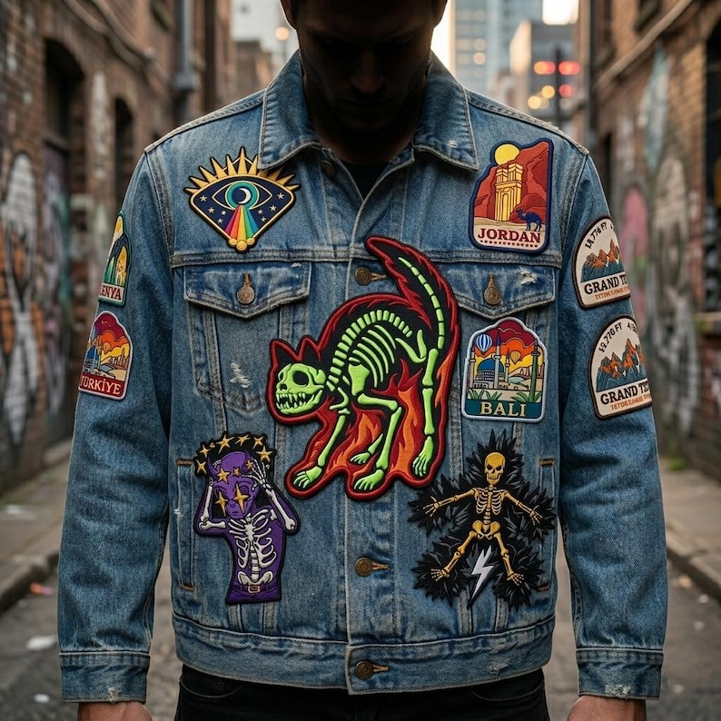May include: A light blue denim jacket adorned with various colorful patches. Patches include a cat skeleton, a skeleton with a lightning bolt, and travel-themed designs with text like "Jordan" and "Bali". The jacket has a classic button-up design.