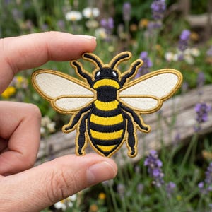 May include: An embroidered patch shaped like a honeybee with a black and yellow striped abdomen, a black thorax, and two large, off-white wings outlined in gold thread. The bee has six black legs and two antennae, featuring detailed stitching.