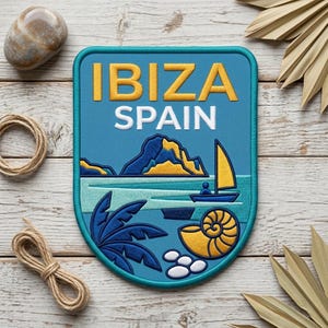 May include: A blue patch with the words "IBIZA SPAIN" in yellow and white. The patch features a nautical design with a sailboat, a seashell, and a palm tree. The patch is surrounded by a teal border.