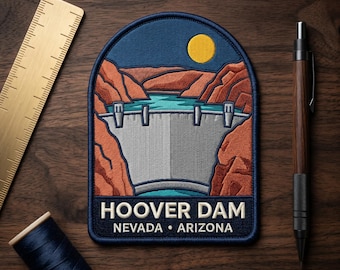 Hoover Dam Embroidered Patch - Nevada Arizona Travel Souvenir Iron-On Badge, Retro Landmark Applique for Jackets and Backpacks