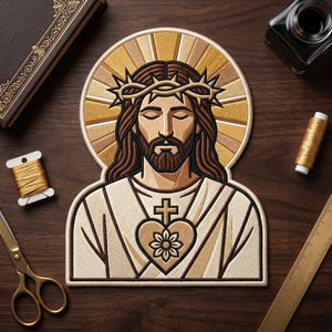 May include: An embroidered patch featuring a stylized depiction of Jesus wearing a crown of thorns with a halo behind the head and a Sacred Heart emblem on the chest. The design uses shades of brown, cream, and gold thread on a white background.