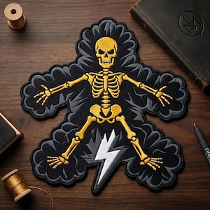Electrocuted Skeleton Embroidered Patch, Gold Bone & Lightning Bolt Iron On Applique, Punk Metal Back Patch for Jackets