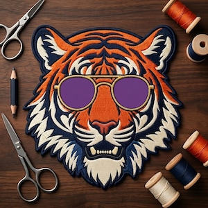 May include: Embroidered tiger patch with orange, navy, and white details, wearing purple sunglasses. The patch is surrounded by sewing supplies, including scissors, a pencil, and spools of thread. The tiger's face is detailed with a pink nose and white teeth.