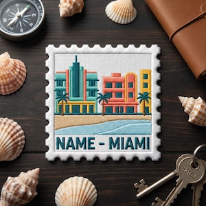 Personalized Miami Patch, Coastal Art Deco Embroidered Travel Souvenir Gift