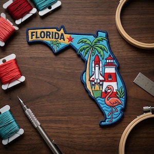 May include: Embroidered patch in the shape of Florida, featuring a rocket, lighthouse, and flamingo. The patch has the word "FLORIDA" in yellow letters. Spools of red and teal thread surround the patch.
