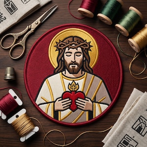 May include: A circular embroidered patch featuring a depiction of Jesus with a crown of thorns and a golden halo, holding a red heart with a flame. The patch is set against a dark red background and surrounded by sewing supplies including thread spools, scissors, and fabric.