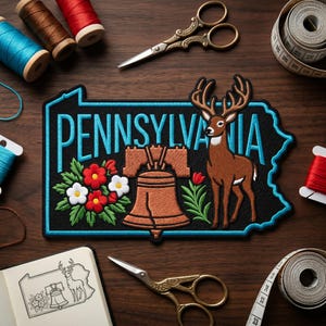 May include: Embroidered patch in the shape of Pennsylvania with a black background and a blue border. The patch features the word "PENNSYLVANIA" in blue, a brown deer, and the Liberty Bell. Red and white flowers are also included.