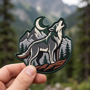 May include: An embroidered patch featuring a grey and white wolf howling at a crescent moon. The design includes a dark green border, a backdrop of grey mountain peaks, and dark green pine trees set against a brown rocky foreground terrain.