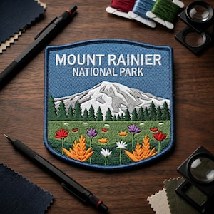 May include: A shield-shaped embroidered patch featuring the text MOUNT RAINIER NATIONAL PARK in white. The design depicts a snow-capped mountain peak above a dark green forest line, with a meadow of colorful red, purple, orange, and white wildflowers.