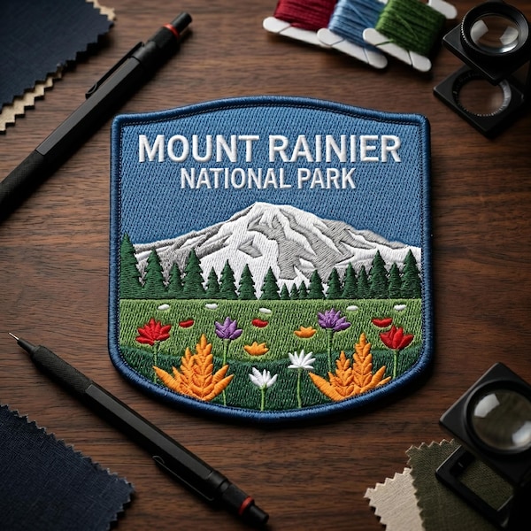 Mount Rainier National Park Patch, Washington Travel Souvenir, Embroidered Badge, Wildflower Hiking Gift