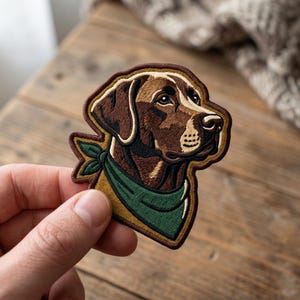 May include: An embroidered patch featuring a brown Labrador retriever dog head in profile. The dog wears a solid green bandana tied around its neck. The patch has a dark brown stitched border and detailed thread work in shades of brown and tan.