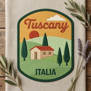 May include: Embroidered patch featuring a Tuscan landscape with a house, cypress trees, and a sunset. The patch has the word "Tuscany" in a stylized font and "ITALIA" at the bottom. The patch is bordered in dark green.