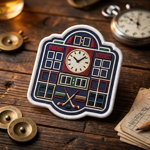 May include: Embroidered patch featuring a hockey scoreboard design with a clock, crossed hockey sticks, and a blue background. The patch has a white border and is set against a wooden surface with other vintage items.