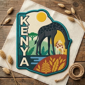May include: Embroidered patch featuring a stylized scene of Kenya. The patch includes a dark gray giraffe and a smaller, spotted giraffe, with the word "KENYA" in a vertical, teal-bordered design. A yellow sun and a tree are also depicted.
