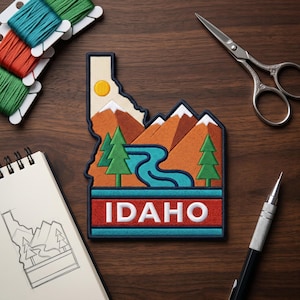 May include: Embroidered patch in the shape of Idaho, featuring a mountain landscape with a river, trees, and a sun. The word "IDAHO" is displayed in white letters on a red and teal banner. Includes embroidery floss, scissors, a pencil, and a sketchbook.
