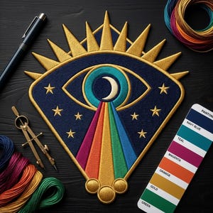 May include: Embroidered patch featuring a navy blue eye design with a crescent moon, stars, and a rainbow emanating from the eye. Gold and teal accents are used throughout the design. A color palette and embroidery floss are also visible.
