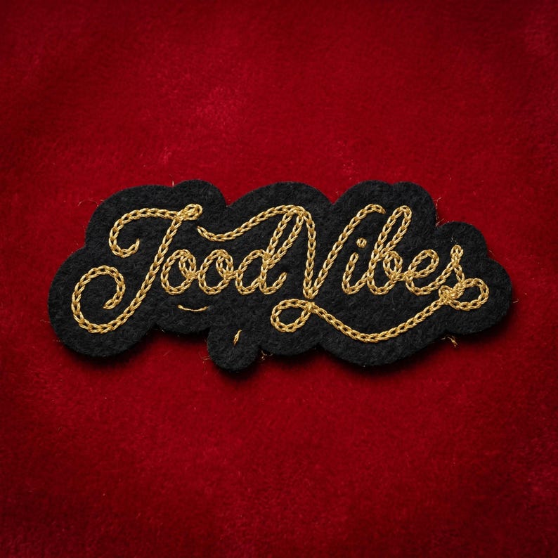 May include: A black felt patch with the words "Good Vibes" embroidered in gold thread. The patch has a cloud-like shape and is set against a red velvet background.