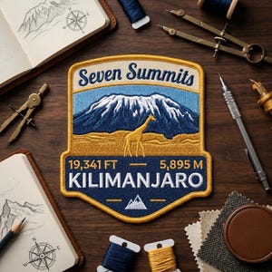 May include: An embroidered patch featuring a mountain landscape with a giraffe, the text Seven Summits, 19,341 FT, 5,895 M, and KILIMANJARO. The patch has a gold border, a blue sky, a snow-capped peak, and a golden-yellow foreground.