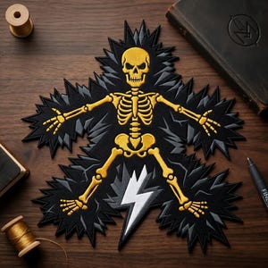 May include: A yellow skeleton patch with a black and gray burst design. The skeleton has outstretched arms and legs, with a white and gray lightning bolt at the bottom. The patch is on a wooden surface.