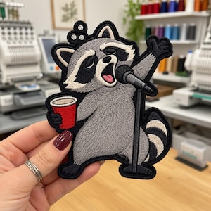 Karaoke Raccoon Embroidered Patch, Funny Singing Animal Iron On Applique, Party Lover Badge