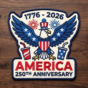 May include: Embroidered patch featuring a patriotic design with an eagle, stars, and stripes, celebrating the 250th anniversary of America. Includes the years 1776-2026 and the word "AMERICA" in red. A wooden spool with red, white, and blue thread is also visible.