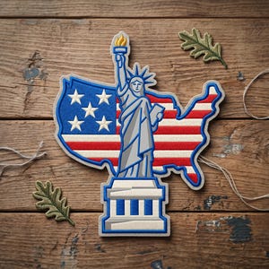 May include: Embroidered patch featuring the Statue of Liberty and a map of the United States. The map is designed with the American flag, with blue and white stars and red and white stripes. The Statue of Liberty is gray and white with a yellow torch.