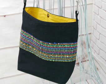 Black Purse, Black Corduroy Purse, Black and Rainbow Purse, Carry All, Shopping Tote, Recycled, Repurposed, Bag Again, Upcycled Belt, Purse