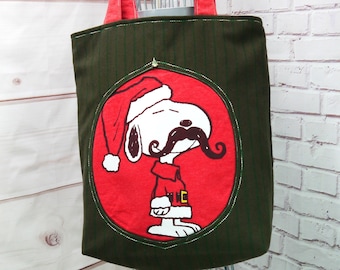 Santa Snoopy Tote Bag, Upcycled Snoopy Tee Shirt, Christmas Tote, Christmas Gift Bag, Repurposed Snoopy T Shirt Tote, Big Tote, Holiday Tote