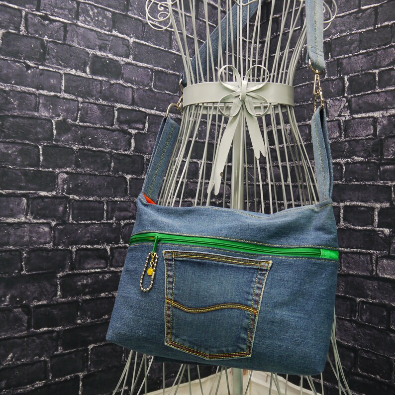 Messenger Bag, Denim Messenger Bag, Banana On Bicycle Messenger Bag, Lap top Bag, Work Bag, Upcycled recycled repurposed reused denim bag image 4