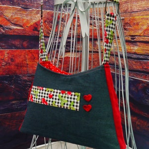 Fun Purse with Cherries and Velvet Hearts, Ladies Purse, Purse, Shoulder Bag, Upcycled Purse, Repurposed Recycled, One of a Kind, Bespoke