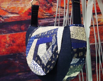 Purse, Shoulder Purse, Shoulder Bag, Crazy Quilt Purse, Quilt Bag, Upcycled Purse, Repurposed Purse, Blue Denim Purse, Round Purse, Bag